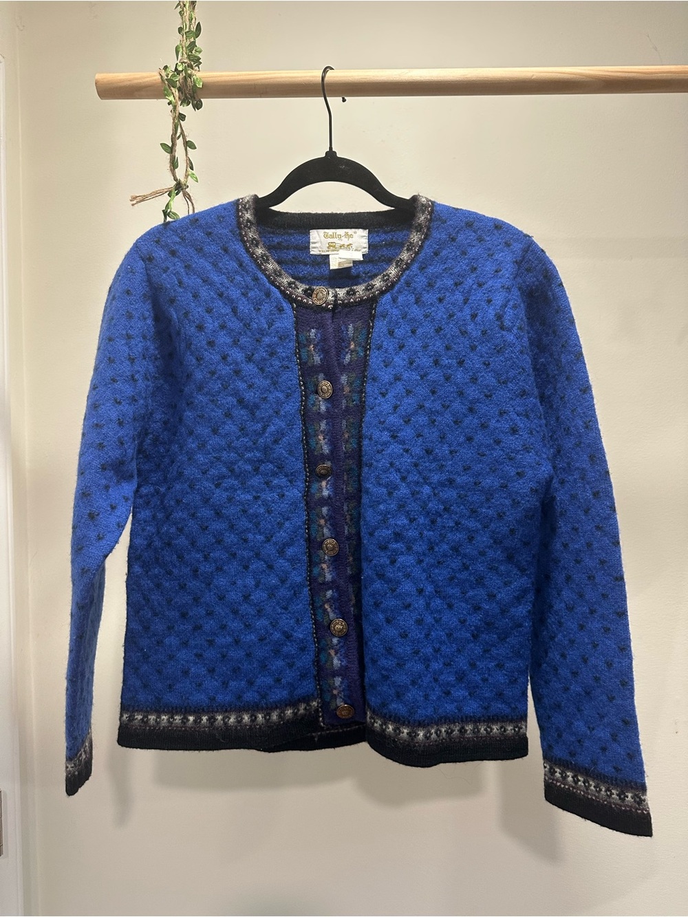 Women’s M | Vintage 90s Tally Ho Royal Blue 100% Wool Nordic Cardigan Sweater